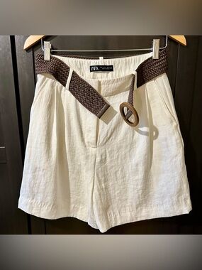 Zara High Waisted Belted Shorts White Size S Summer Chic Minimalist